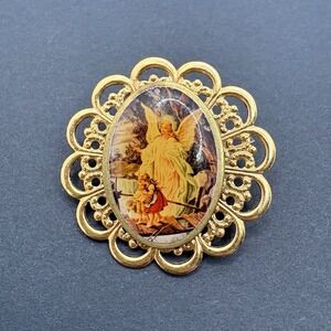 Vintage Guardian Angel Children Portrait Gold Tone Filigree Pin Religious Brooch